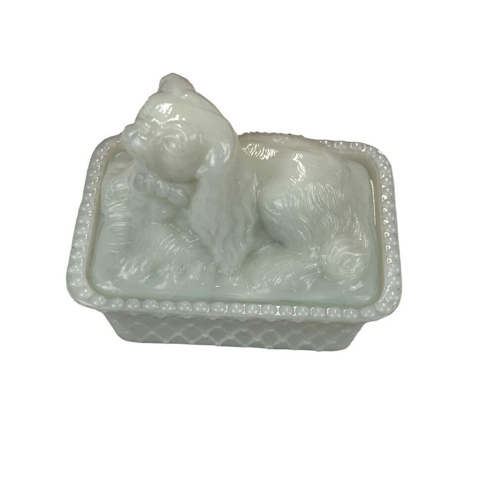 Boston Sandwich Milk Glass Animal Covered Dish Pekingese show dog Ruth Webb Lee